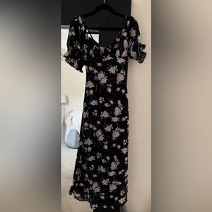 Vici Black Midi Dress with Pink and Cream Floral Print